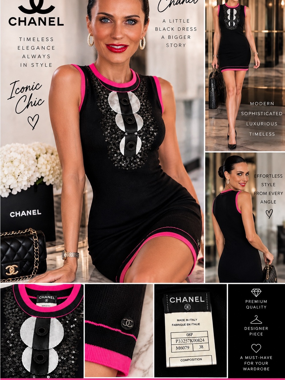 CHANEL Black Midi Dress with Hot Pink Trim and Sequin Front Motif